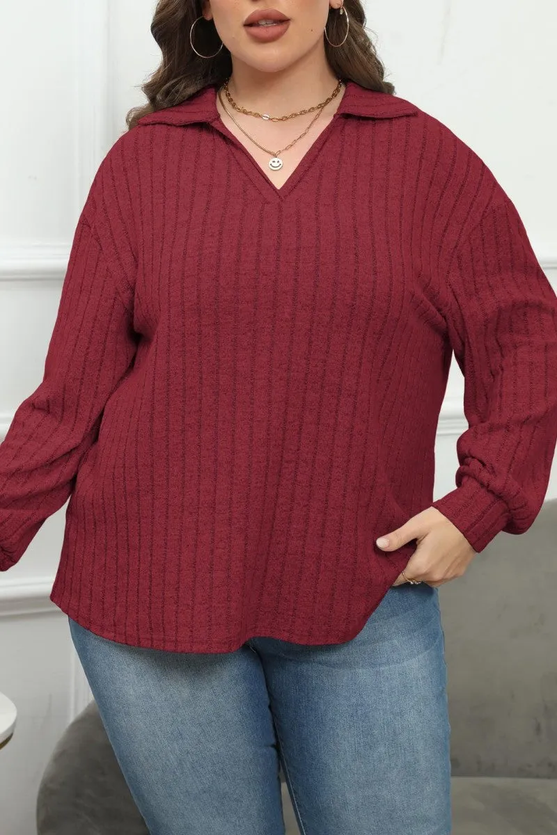 hulianfu Casual Solid Basic V Neck Plus Size Tops