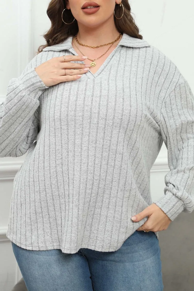 hulianfu Casual Solid Basic V Neck Plus Size Tops