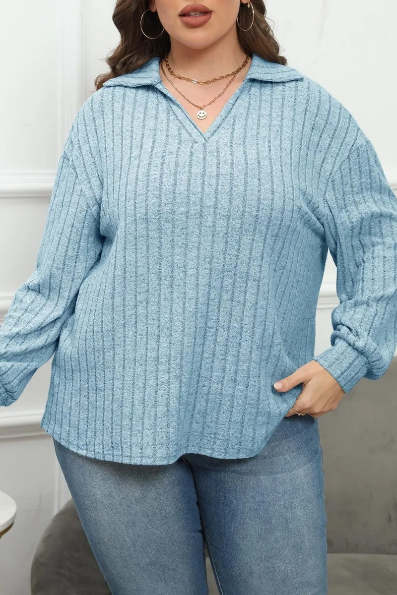 hulianfu Casual Solid Basic V Neck Plus Size Tops