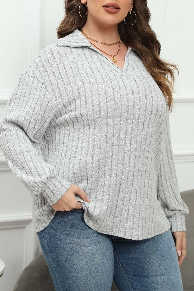 hulianfu Casual Solid Basic V Neck Plus Size Tops