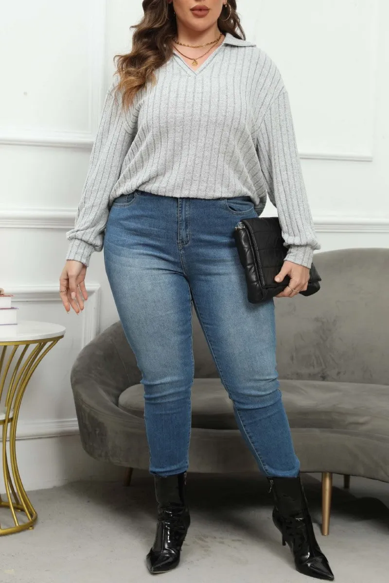 hulianfu Casual Solid Basic V Neck Plus Size Tops
