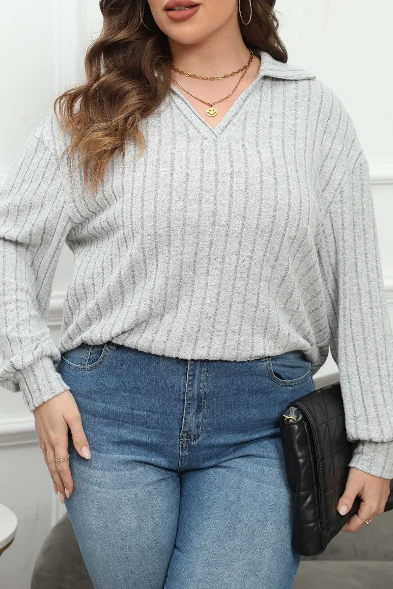 hulianfu Casual Solid Basic V Neck Plus Size Tops