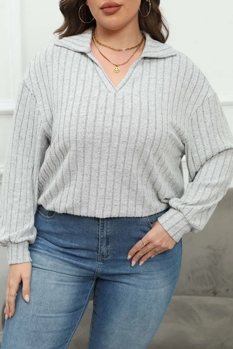hulianfu Casual Solid Basic V Neck Plus Size Tops