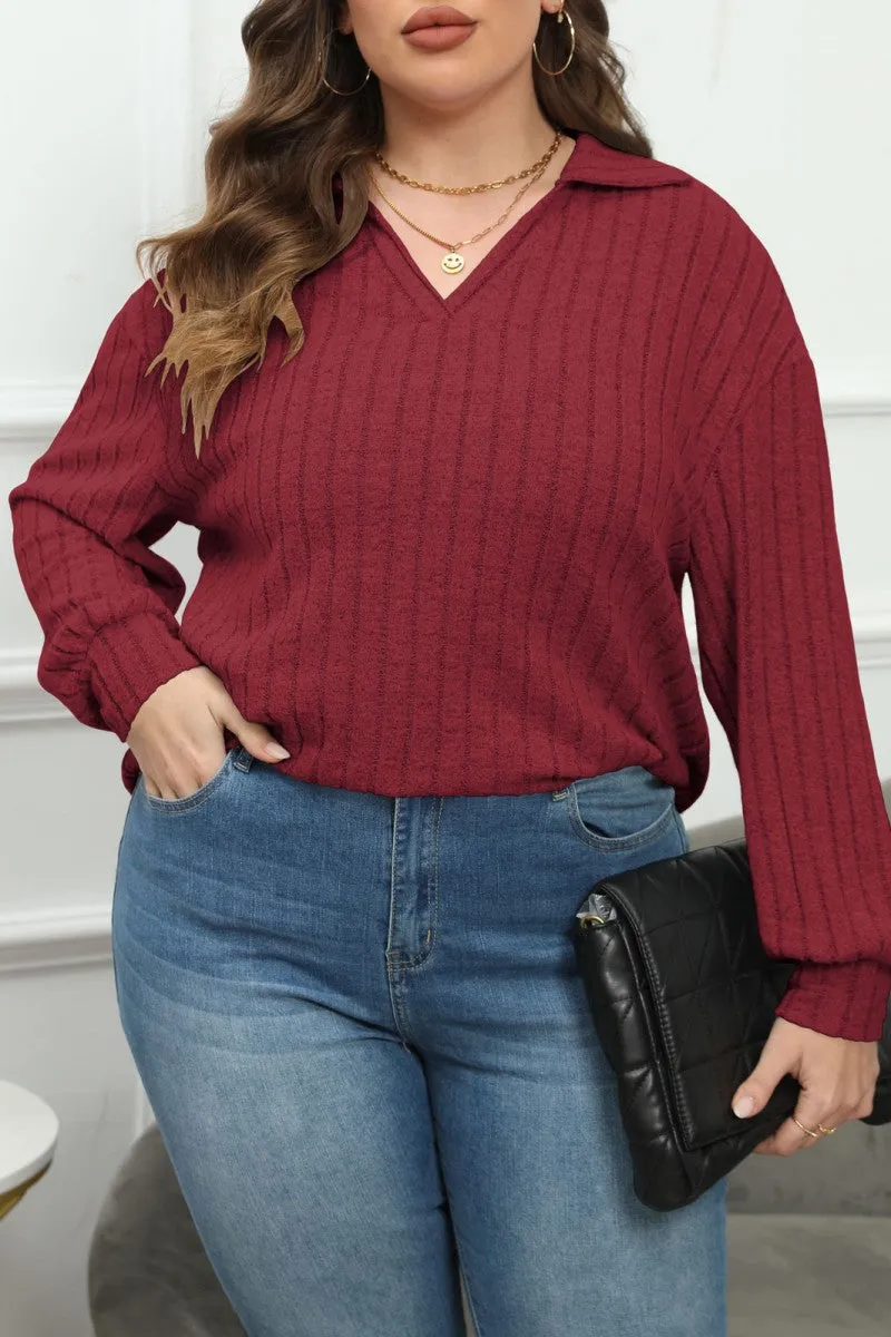 hulianfu Casual Solid Basic V Neck Plus Size Tops