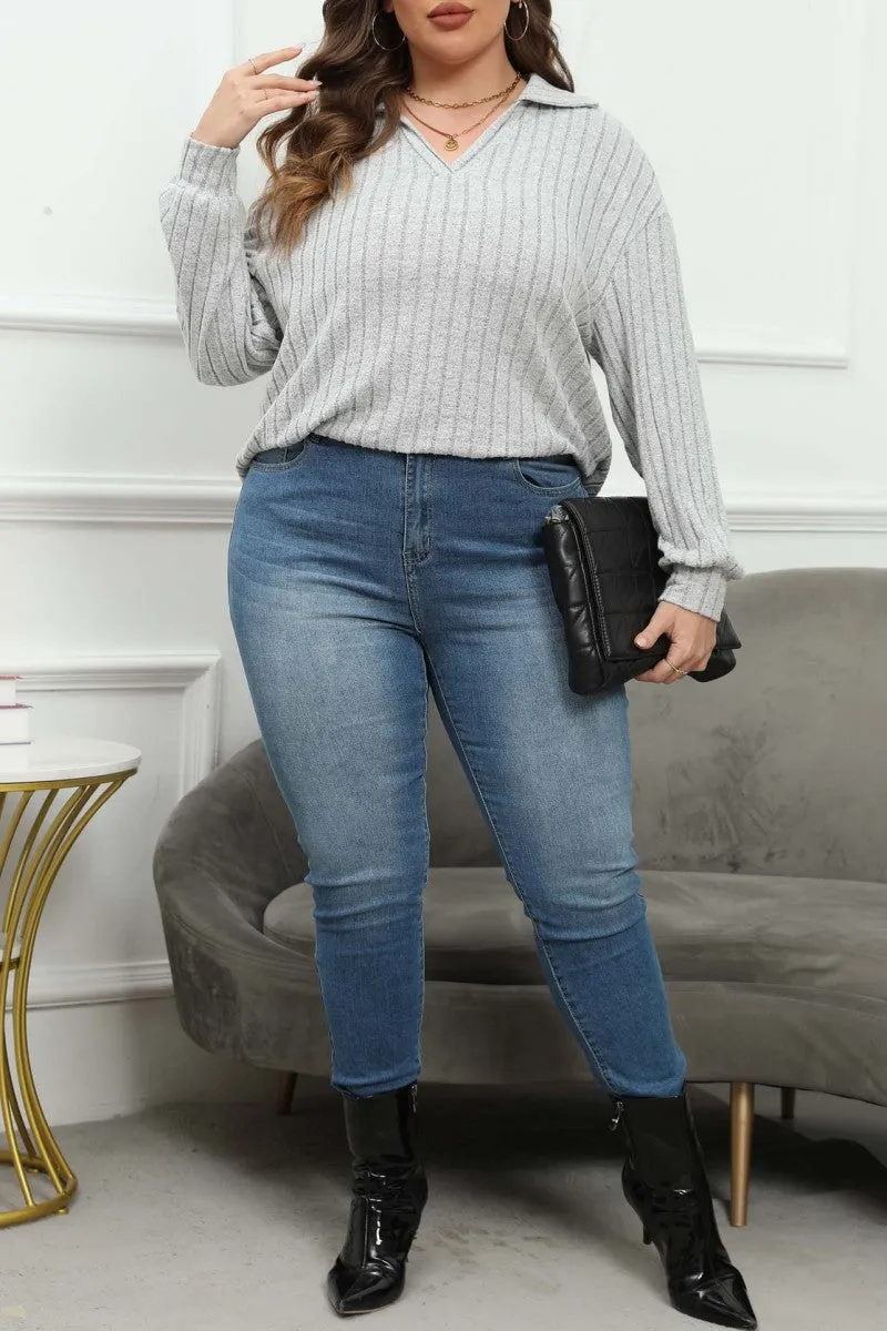 hulianfu Casual Solid Basic V Neck Plus Size Tops