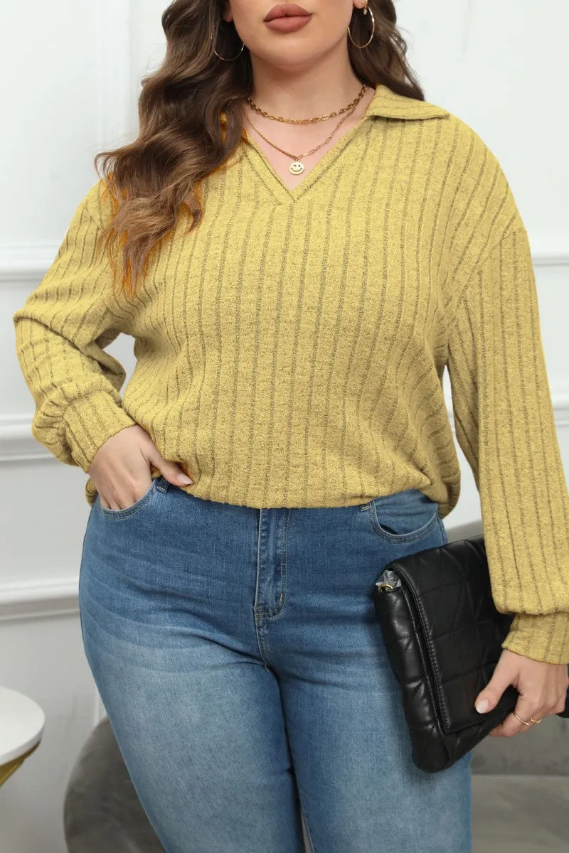hulianfu Casual Solid Basic V Neck Plus Size Tops