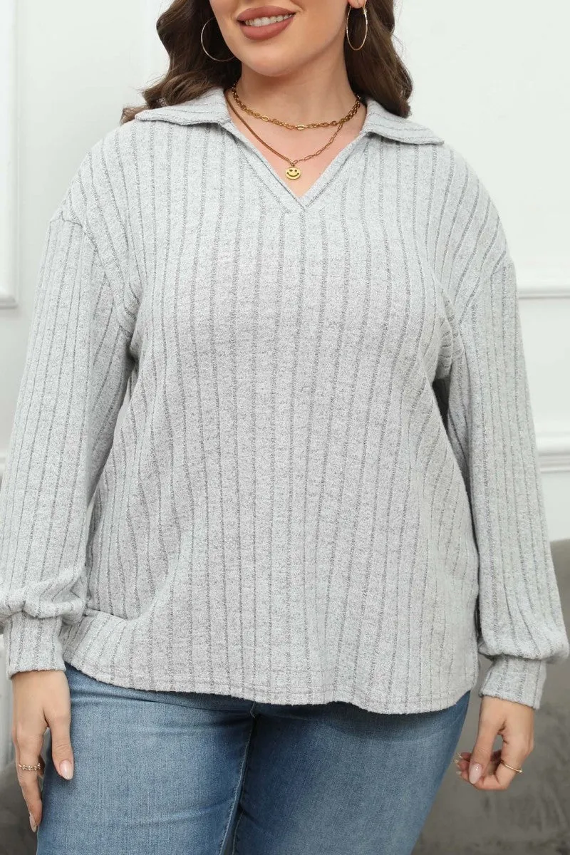 hulianfu Casual Solid Basic V Neck Plus Size Tops