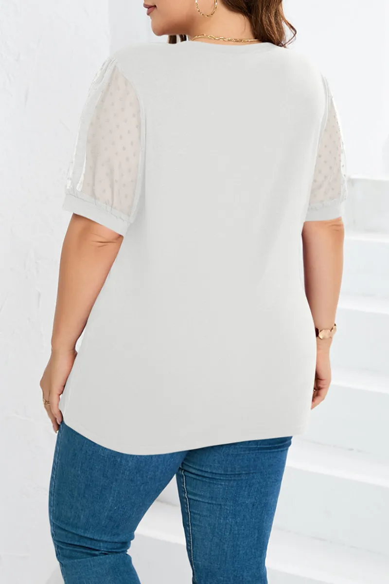 hulianfu Casual Solid Mesh V Neck Plus Size Tops