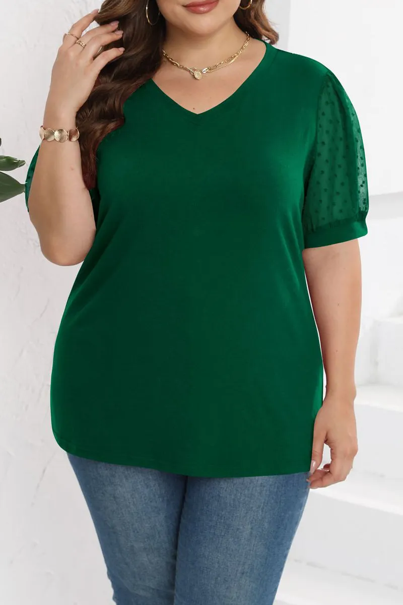 hulianfu Casual Solid Mesh V Neck Plus Size Tops