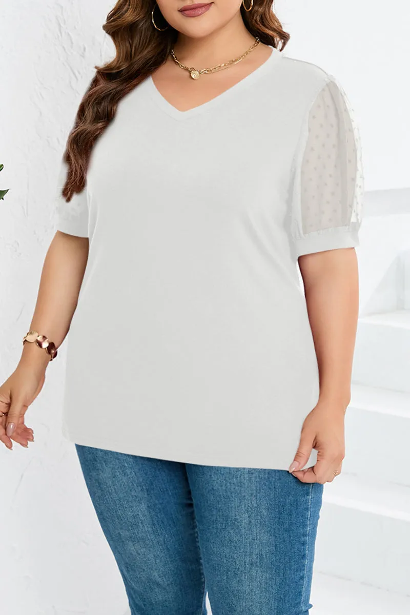 hulianfu Casual Solid Mesh V Neck Plus Size Tops