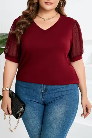 hulianfu Casual Solid Mesh V Neck Plus Size Tops