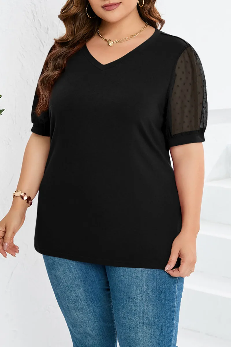 hulianfu Casual Solid Mesh V Neck Plus Size Tops