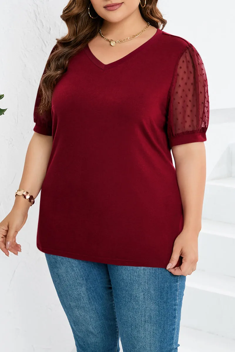 hulianfu Casual Solid Mesh V Neck Plus Size Tops