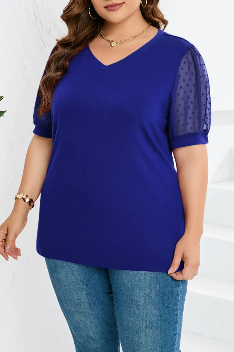 hulianfu Casual Solid Mesh V Neck Plus Size Tops