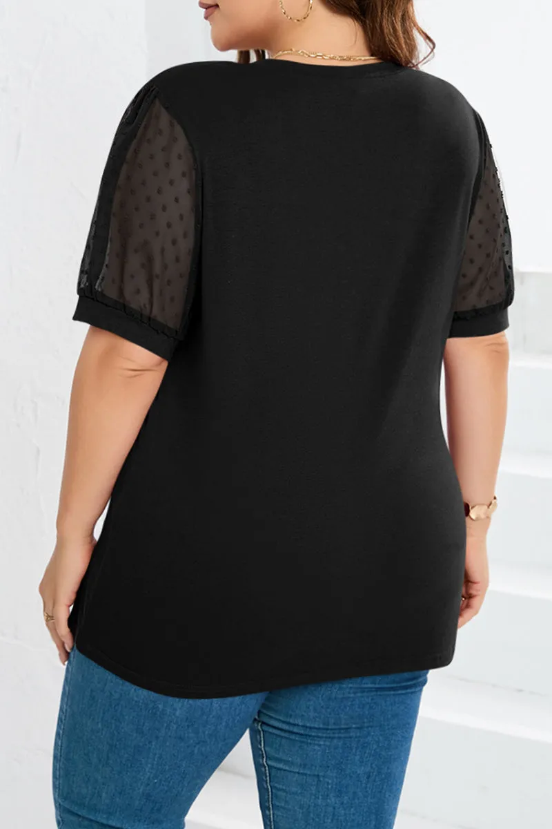 hulianfu Casual Solid Mesh V Neck Plus Size Tops