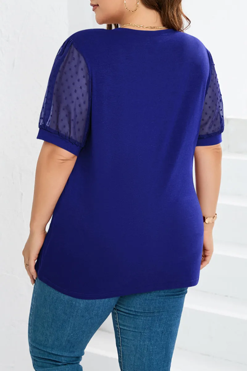 hulianfu Casual Solid Mesh V Neck Plus Size Tops