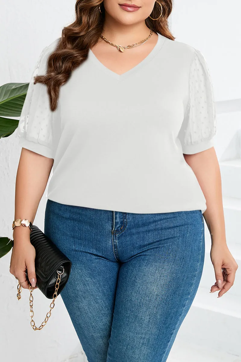 hulianfu Casual Solid Mesh V Neck Plus Size Tops