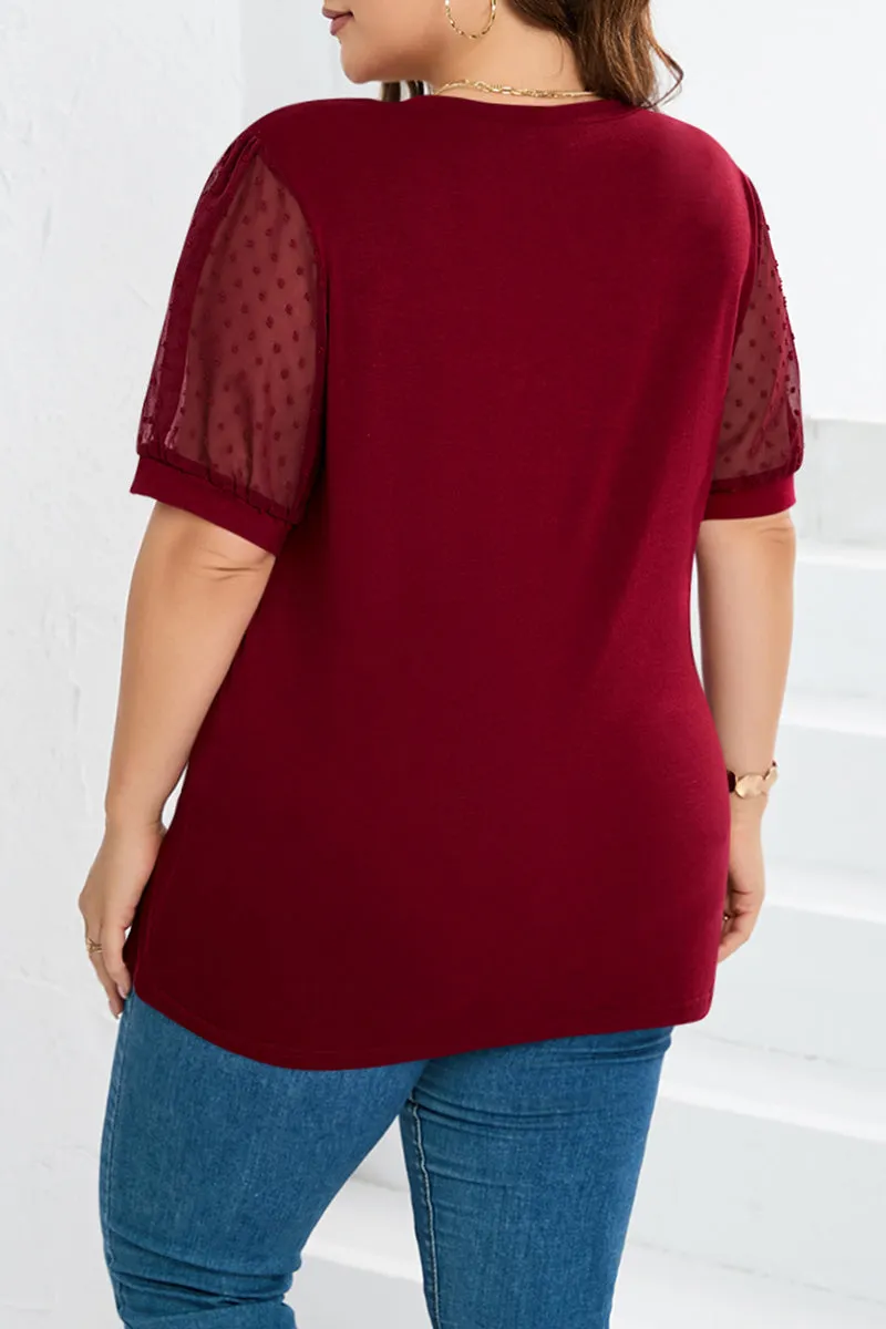hulianfu Casual Solid Mesh V Neck Plus Size Tops