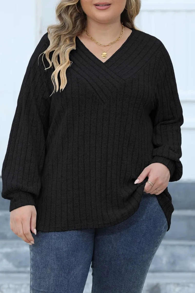 hulianfu Casual Solid Patchwork V Neck Plus Size Tops