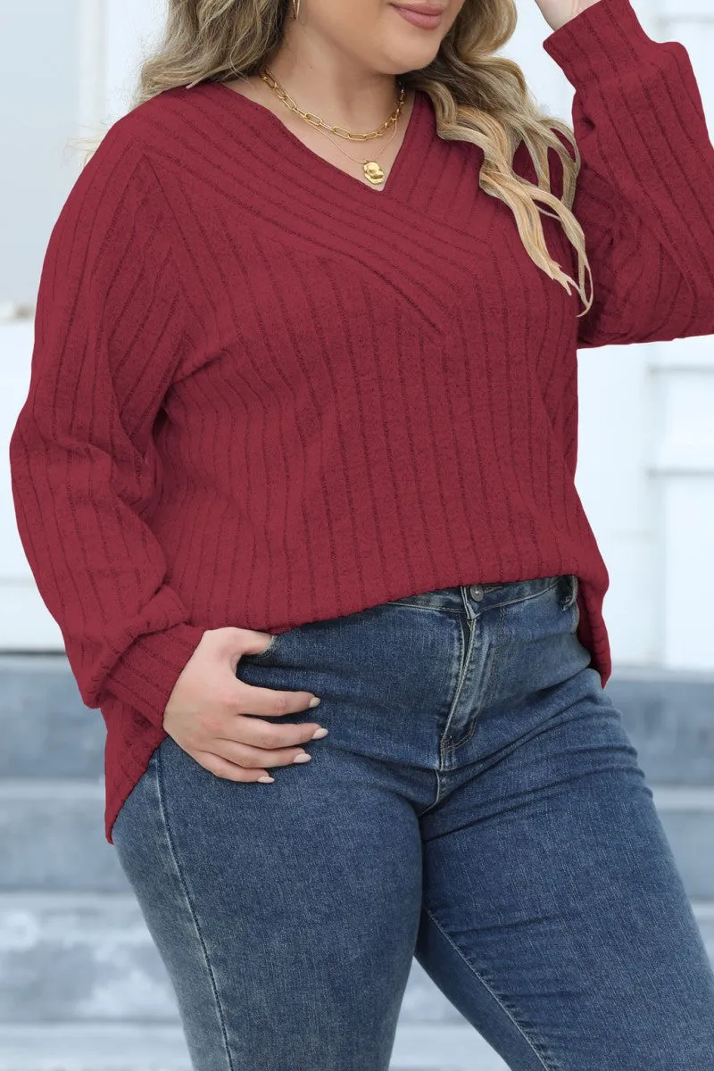 hulianfu Casual Solid Patchwork V Neck Plus Size Tops