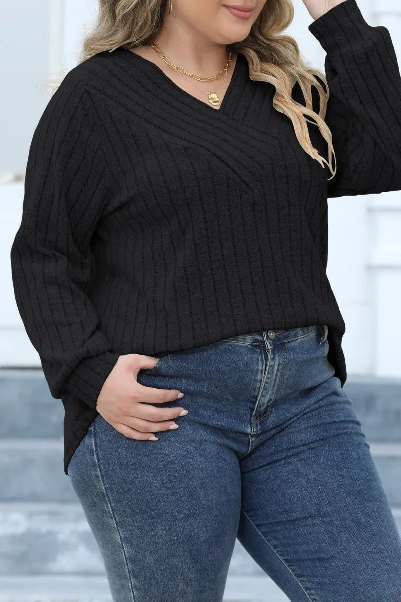 hulianfu Casual Solid Patchwork V Neck Plus Size Tops