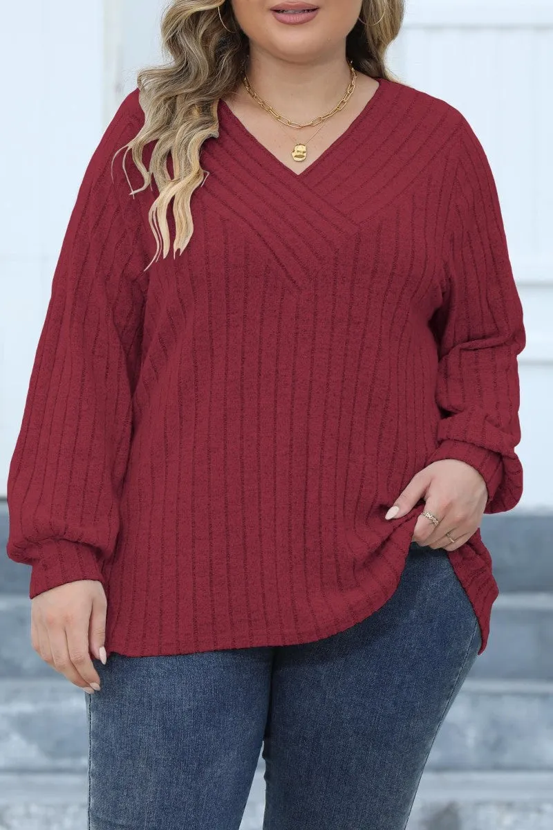 hulianfu Casual Solid Patchwork V Neck Plus Size Tops