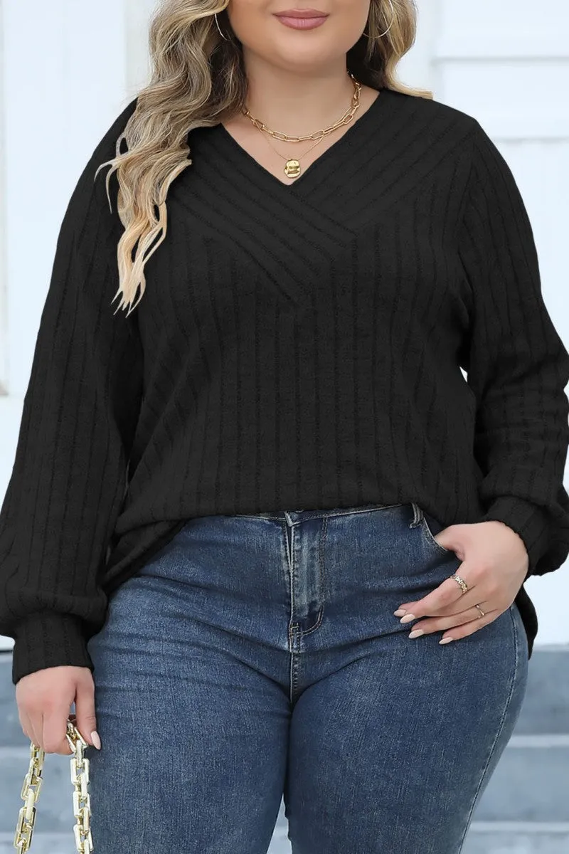 hulianfu Casual Solid Patchwork V Neck Plus Size Tops