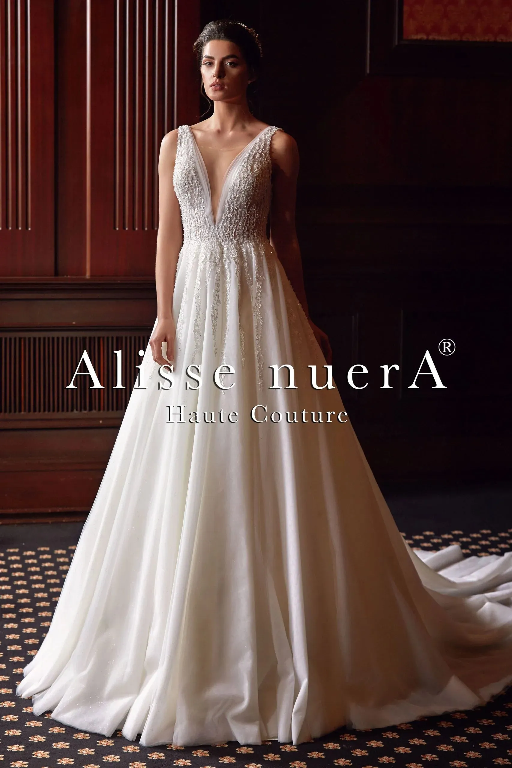 Lace Embroidered Deep V Neckline Empire Waist Wedding Dress