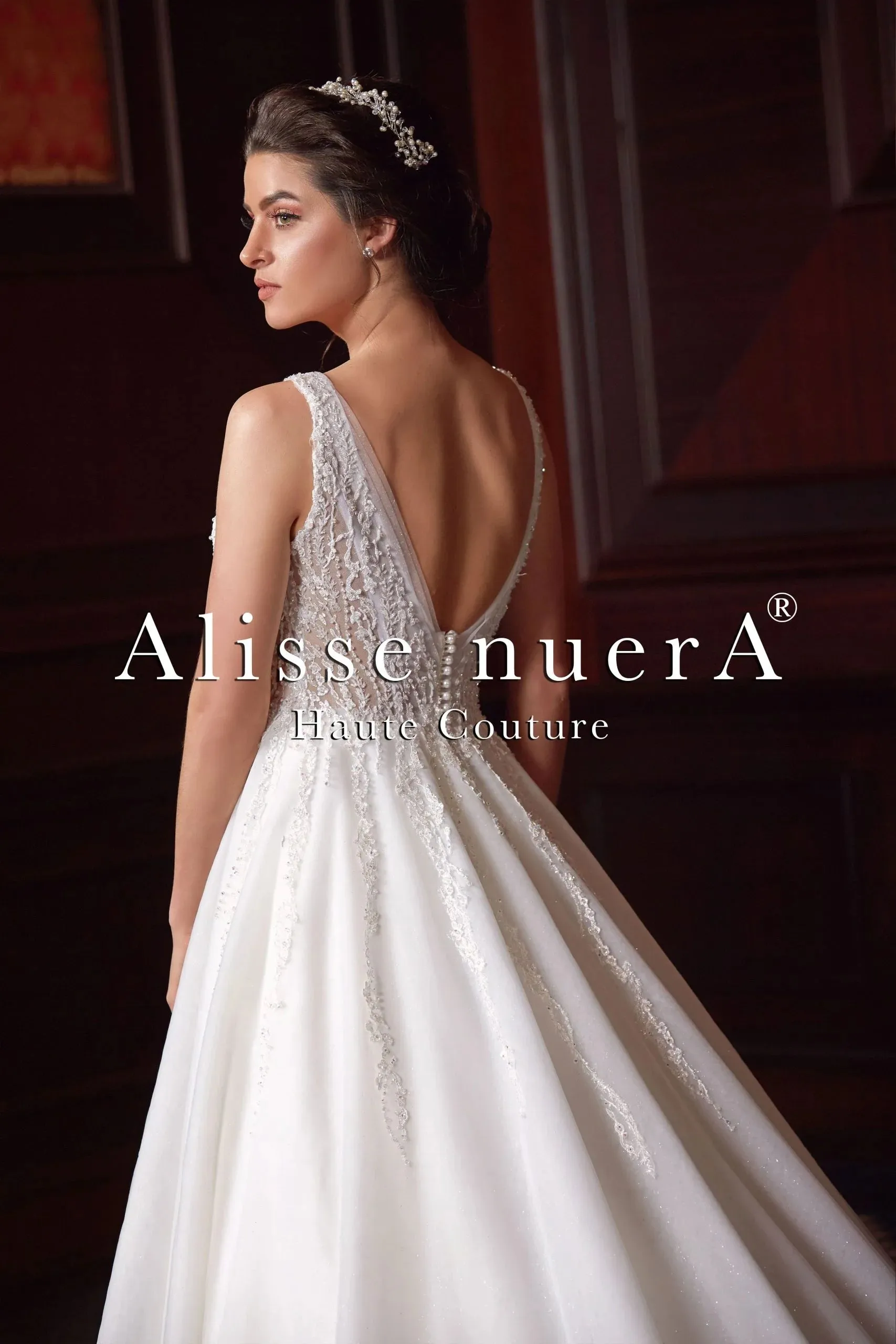 Lace Embroidered Deep V Neckline Empire Waist Wedding Dress