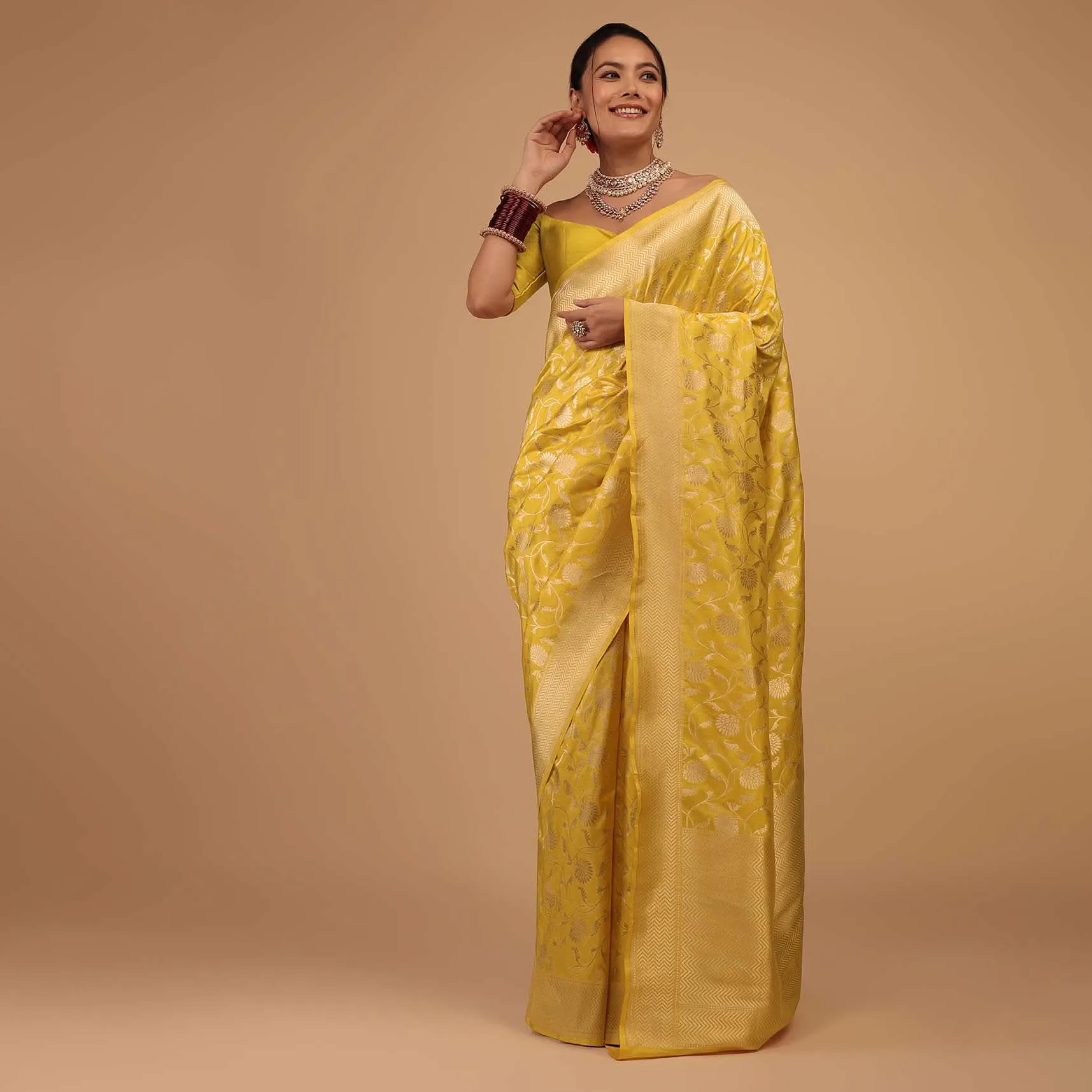 Lemon Yellow Saree In Pure Banarasi Silk With Upada Zari Weave Floral Jaal Work