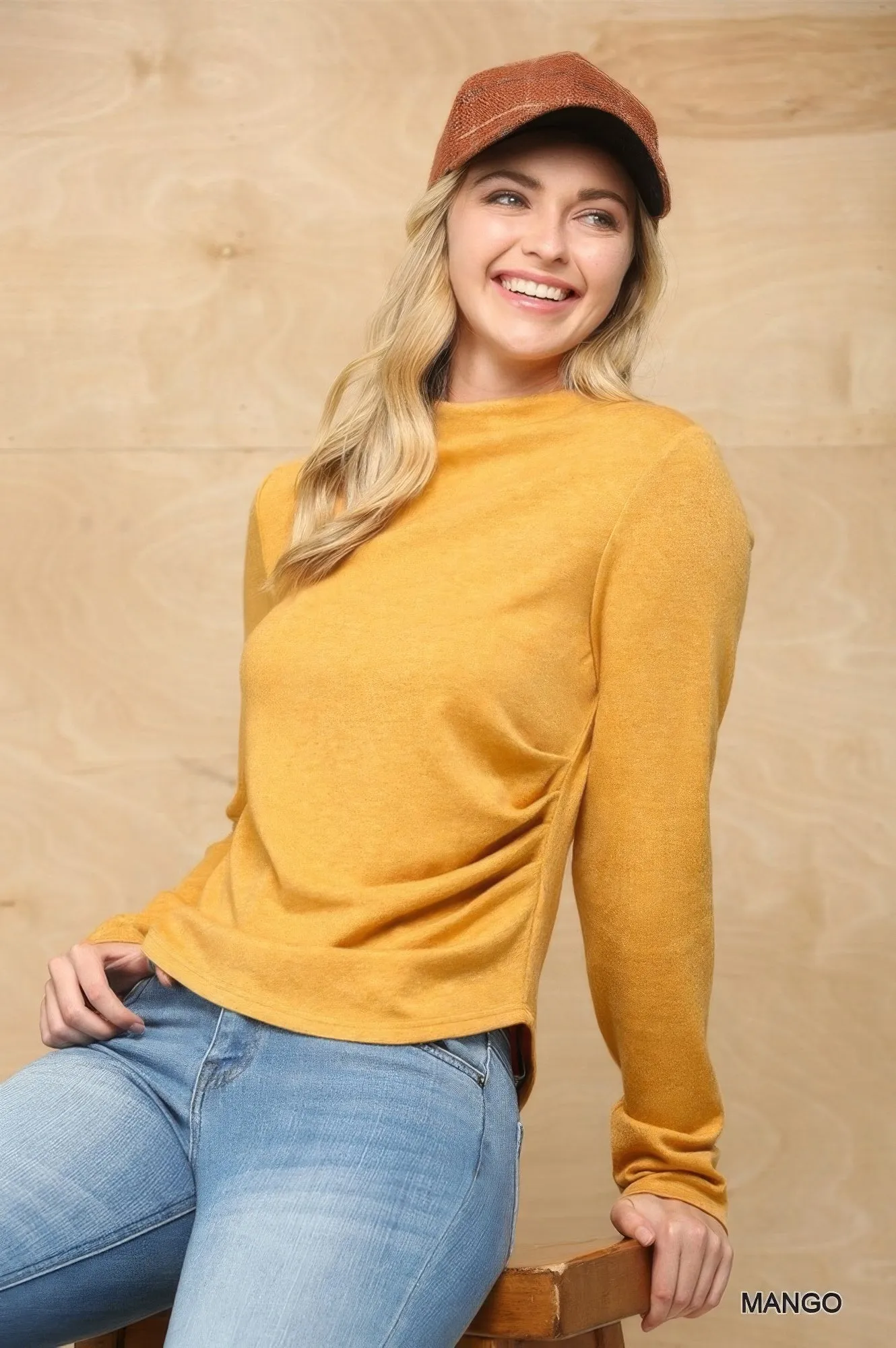 Soft Knit Mock Neck Long Sleeve Top with Side Ruched Detail