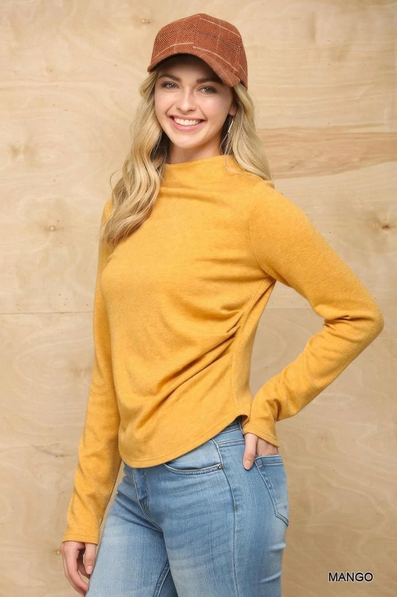 Soft Knit Mock Neck Long Sleeve Top with Side Ruched Detail