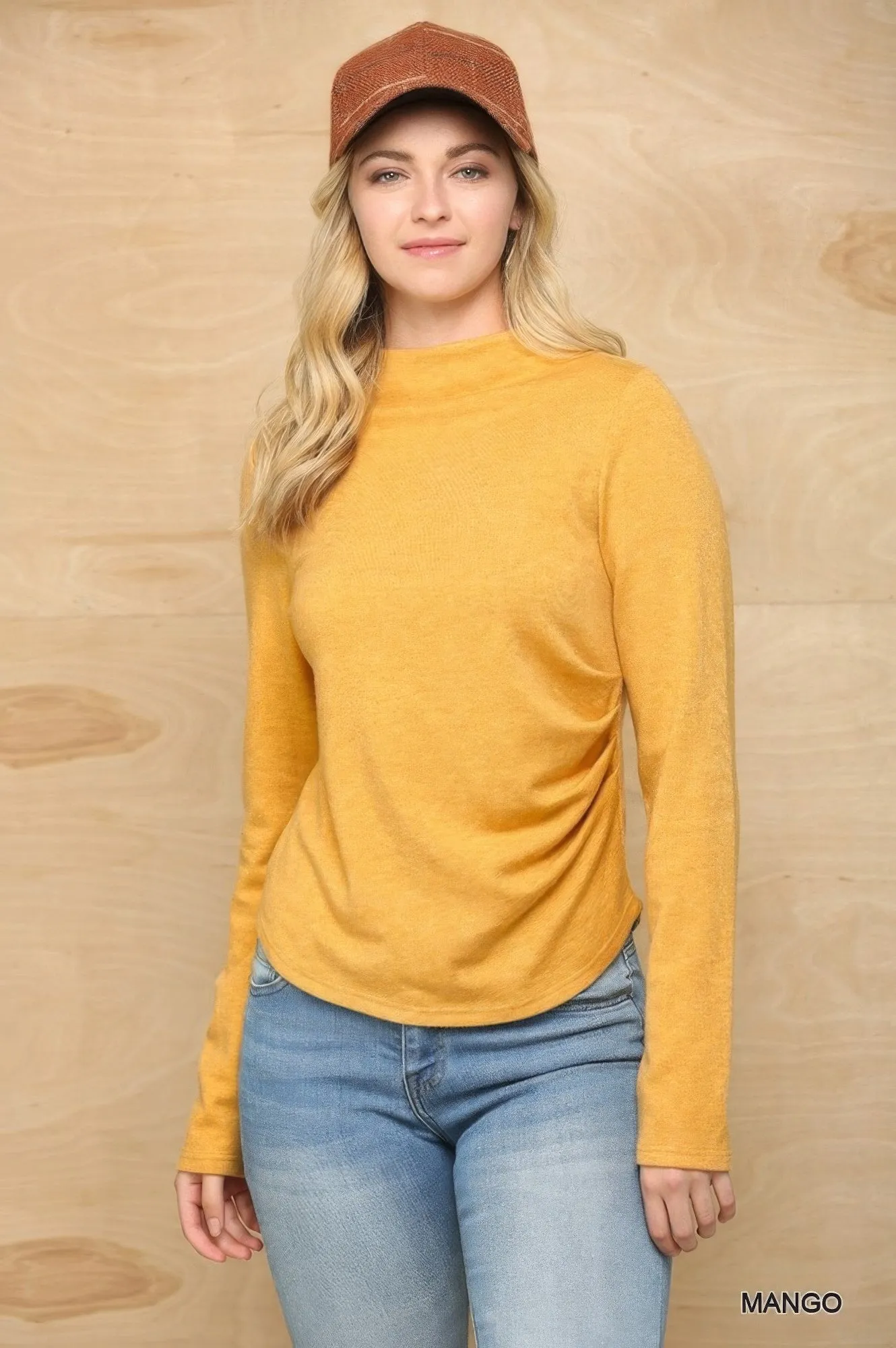 Soft Knit Mock Neck Long Sleeve Top with Side Ruched Detail